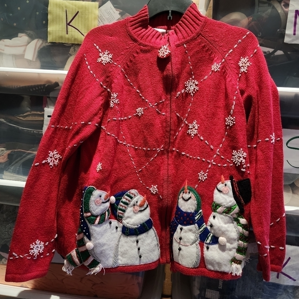 Fashion Bug Red Snowman Ugly Christmas Zip-Up Cardigan Beaded Snowflakes Medium